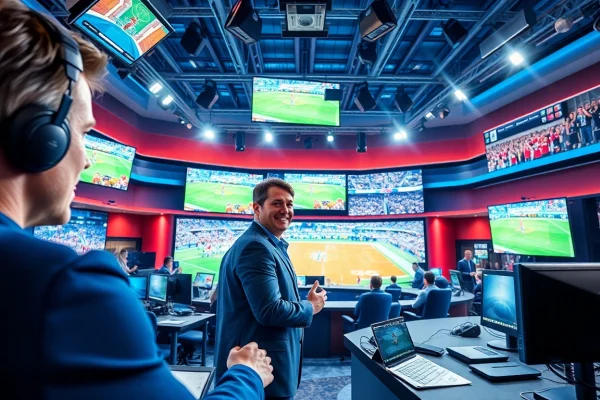 Dynamic sports broadcasting studio featuring a broadcaster against vibrant screens.