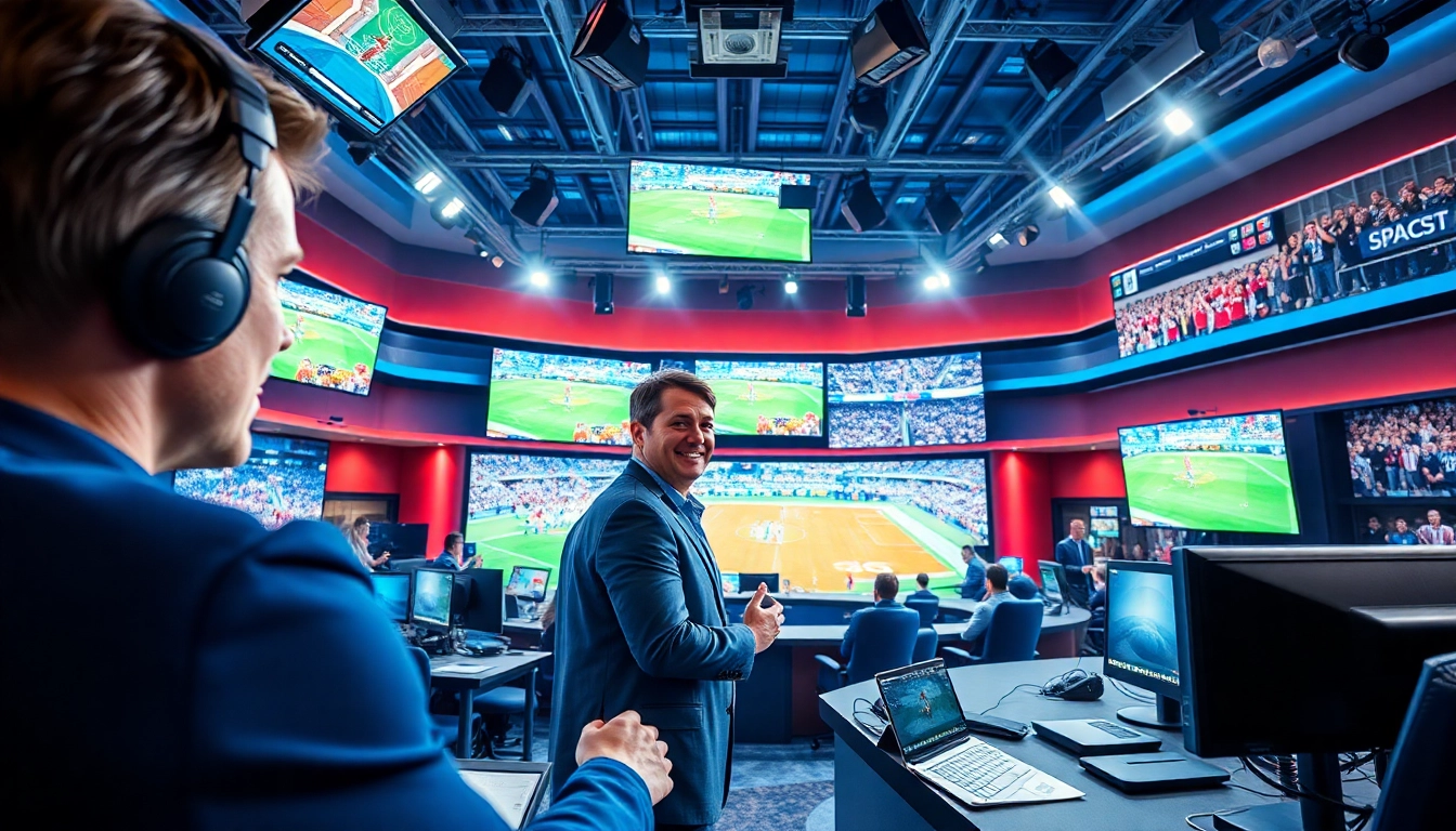 Dynamic sports broadcasting studio featuring a broadcaster against vibrant screens.