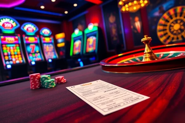Gambling table scene at 888NEW, showcasing a lively poker game and slot machines.