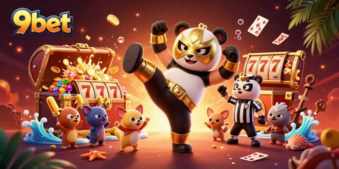 9bet offers thrilling gaming with a dynamic scene featuring a panda wrestler amidst exciting slot reels.
