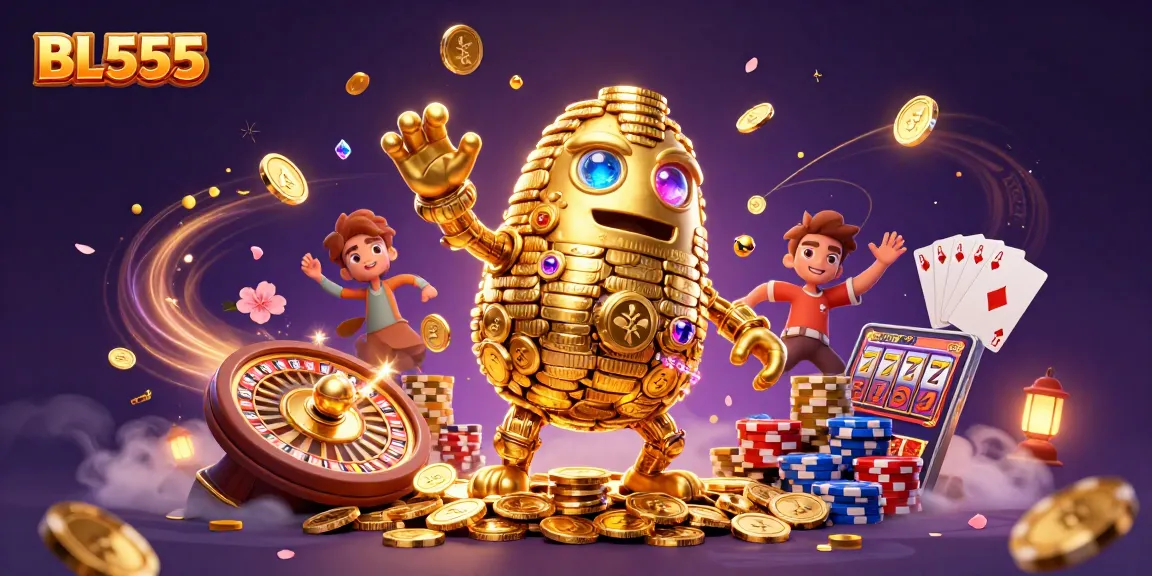 Experience thrilling gaming action at BL555 with a golden golem amidst cascading coins.