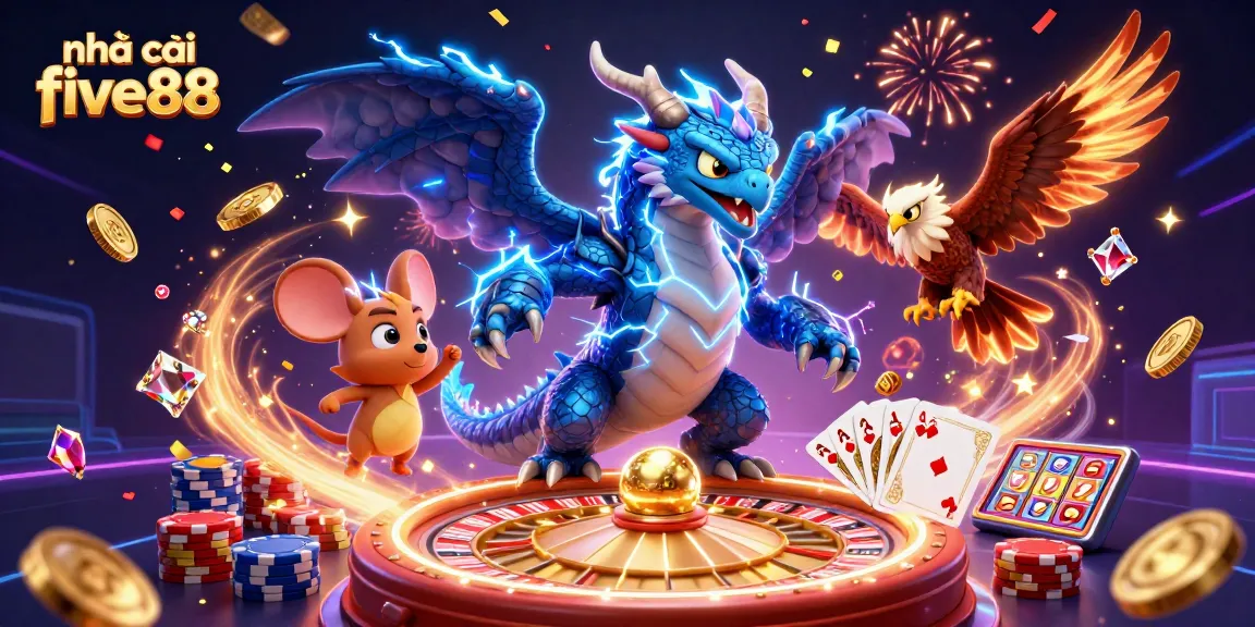 nhà cái five88 showcases energetic casino gaming atmosphere with dynamic characters and action-packed elements