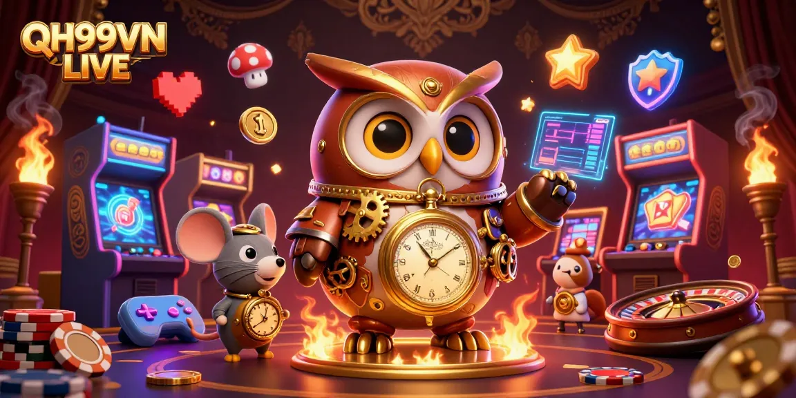 Experience thrilling games at QH99VN LIVE with steampunk characters in a vibrant casino setting.