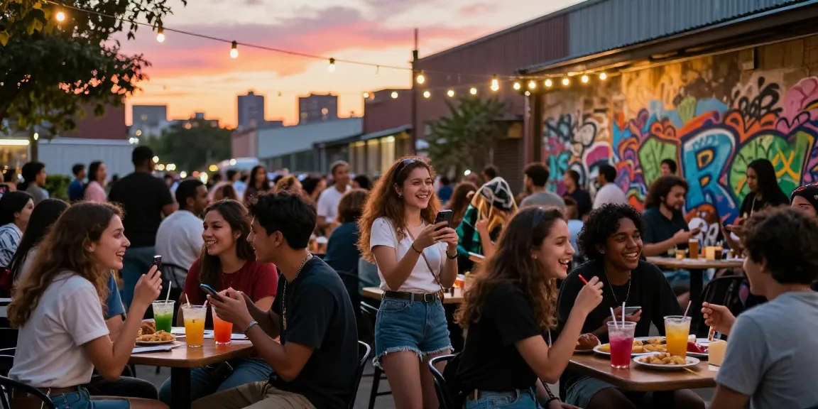 A vibrant urban social scene with young adults enjoying drinks and snacks, showcasing rokok88 culture, filled with laughter and colorful ambience.