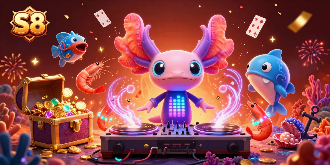 Experience the vibrant world of S8 with a neon axolotl DJ, treasure, and casino-themed fun.